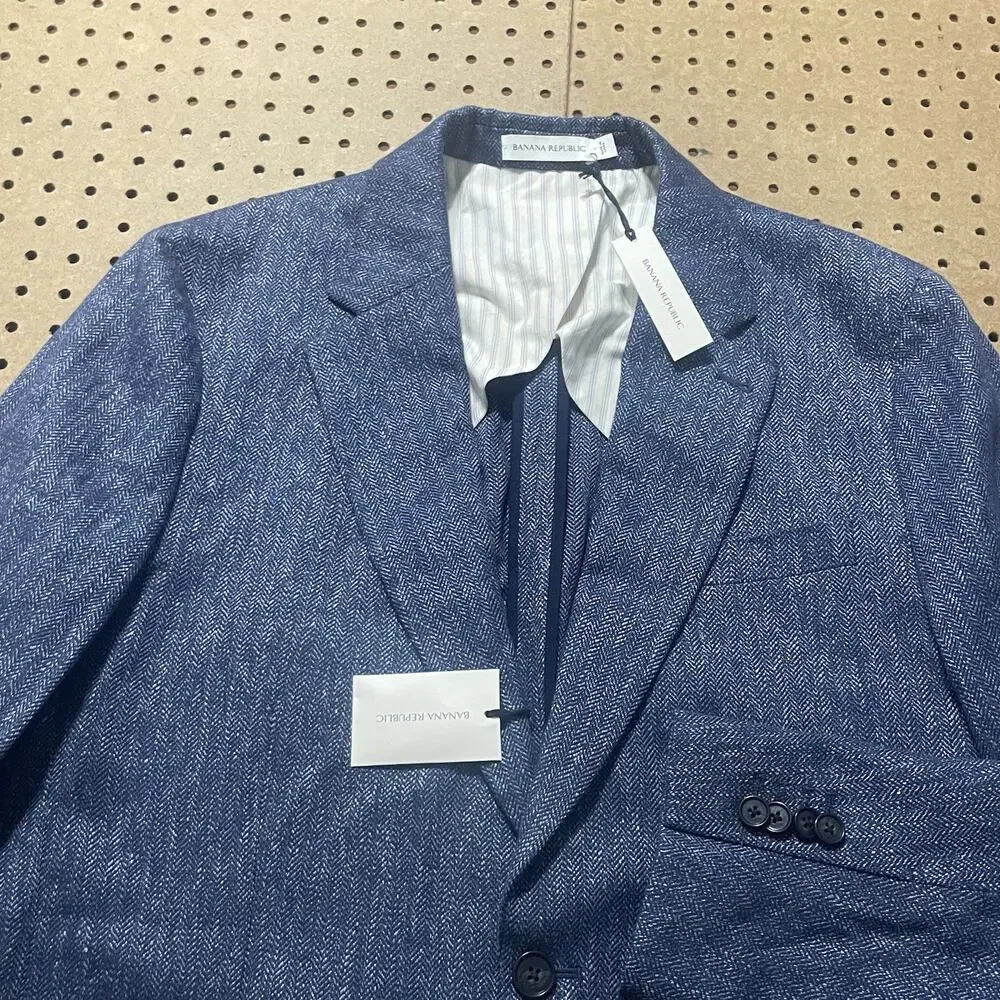 NWT Banana Republic Sport Coat Men 42 L Cross Blue Herringbone Linen Cotton $350